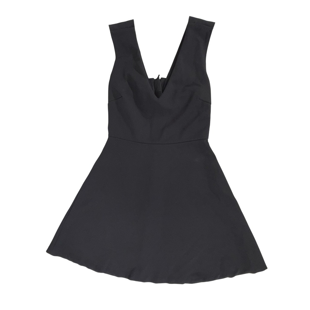 Zara Fit and Flare Mini Dress Small Black Open Back V-Neck Skater LBD Cocktail